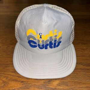 VTG‎ 80s Curtis Mesh Snapback Trucker Hat Light Gray Blue Yellow Retro USA Made